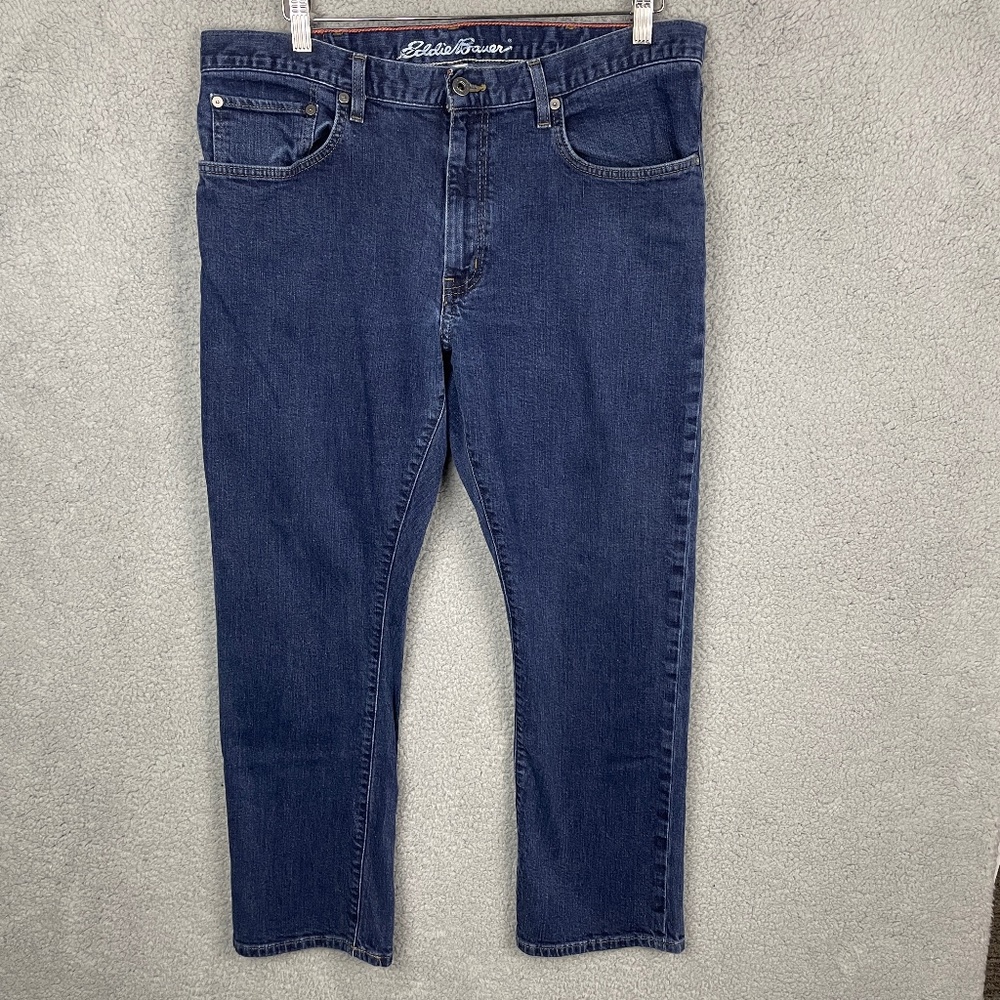 EDDIE BAUER Jeans Mens 38x30 (36x27) Straight Dark Wash Blue Stretch Comfort